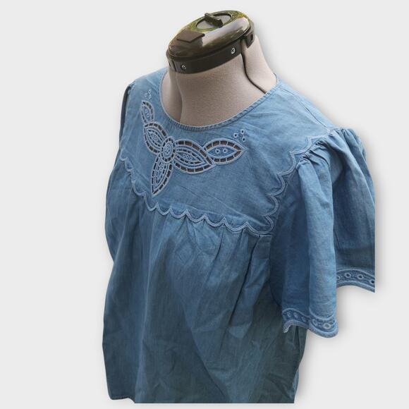 Lane Bryant Blouse Women's 18/2X Chambray Flutter Short Sleeve Cottagecore NWT - Picture 5 of 10